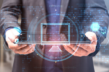Aufkleber - Close up of business man hand holding tablet with creative glowing computer hologram interface on blurry office background. Digital transformation, technology and innovation concept. Double exposure.
