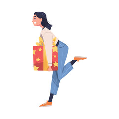 Poster - Woman Walking with Wrapped Gift Box for Holiday Celebration Vector Illustration