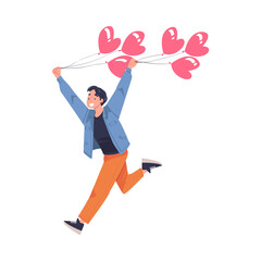 Poster - Man Walking with Bunch of Balloons Celebrating Holiday Vector Illustration