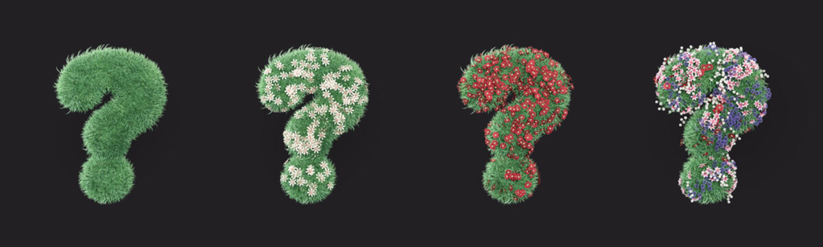 A grassy number question mark symbol on which colorful flowers grow. Isolated eco number YYY with four stages on dark background, 3d Renderding
