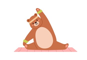 Poster - Cute funny bear doing yoga exercise on mat. Happy adorable teddy animal stretching. Chubby kids character during sports workout. Childish flat vector illustration isolated on white background