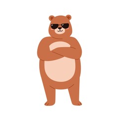 Poster - Cute bear in sunglasses. Funny cool teddy portrait. Sweet baby animal in sun glasses standing with arms crossed and smiling. Childish character. Flat vector illustration isolated on white background
