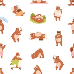 Poster - Cute bear pattern. Seamless background with funny teddy animals print. Endless repeating backdrop with happy baby characters. Childish colored flat vector illustration for decoration and textile
