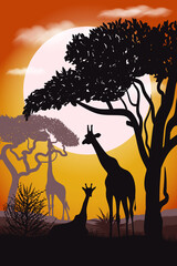 African savanna giraffe silhouette. Landscape. Africa. Bright vector illustration. Wildlife.