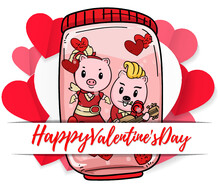 Valentine Piglet Cute Cartoon, Hand Drawn Illustration Pig For Valentine Day ,Pink Pig Lover Vector For Valentine Day ,Pig Character Design For Valentine Card.