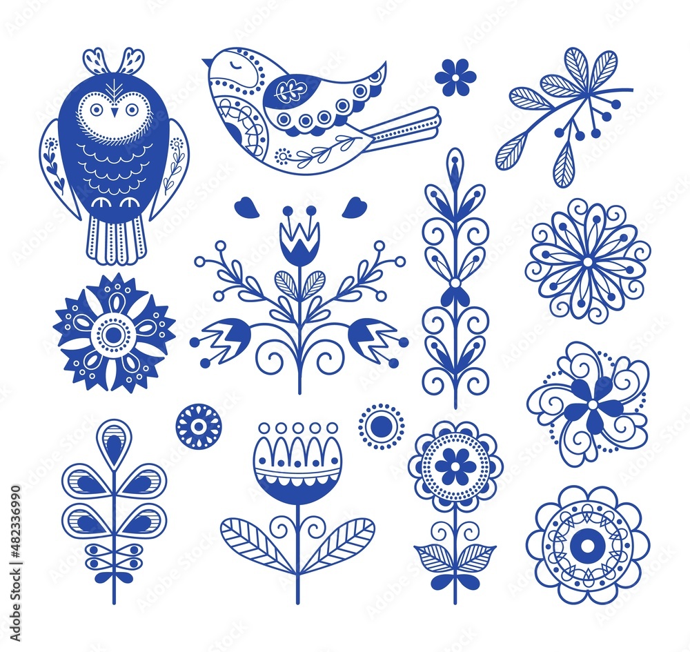 Scandinavian folk design. Nordic blue ornament elements, swedish folklore  art. Rustic finnish decor, floral danish style embroidery nowaday vector  template Stock Vector | Adobe Stock, image size:1000x945