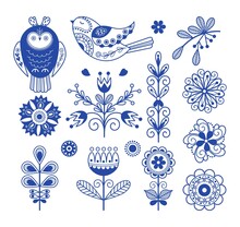 Scandinavian folk design. Nordic blue ornament elements, swedish folklore art. Rustic finnish decor, floral danish style embroidery nowaday vector template