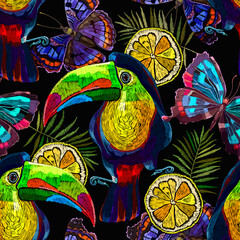 Wall Mural - Toucan birds, tropical butterflies, lemon slice and palm leaves seamless pattern. Embroidery art. Jungle paradise background. Fashionable template for design of clothes, textiles