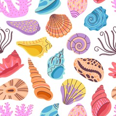 Wall Mural - Seashell seamless pattern. Clams background, seashells print. Sea and ocean shells, summer wallpaper with coral. Marine decent vector design