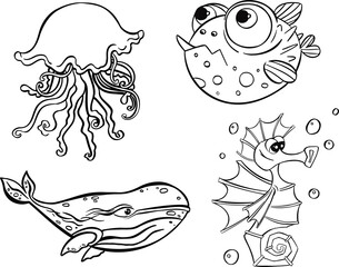 Wall Mural - Set of line marine fish symbol vector hand drawn