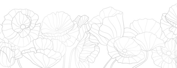 Silver flowers background. Boho grey flower, line floral design banner. Art bouquet of wildflowers, vector illustration