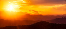 Dramatic Orange Sky Over Silhouette Mountains In Montes De Malaga Natural Park At Sunset, Andalucia, Spain, Europe