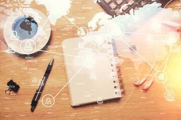 Aufkleber - Double exposure of social network theme drawing and work table top veiw. Concept of international connection.