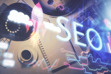 Aufkleber - Double exposure of SEO drawing and table top veiw. Concept of search optimization.