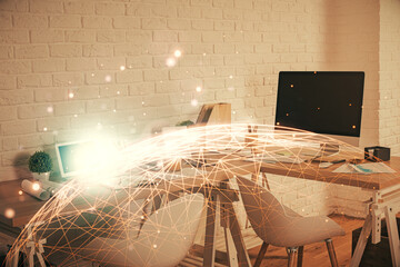 Aufkleber - Double exposure of social network theme drawing and office interior background. Concept of web.