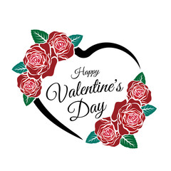 Wall Mural - Happy valentine's day text in black line heart frame with red roses around, flag style vector design