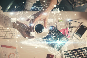 Aufkleber - Double exposure of man and woman working together and the envelop hologram drawing. Computer background. Top View. Electronic mail concept.