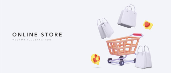 Online store banner with shopping cart and white gift bags and social icons in 3d realistic style. Vector illustration