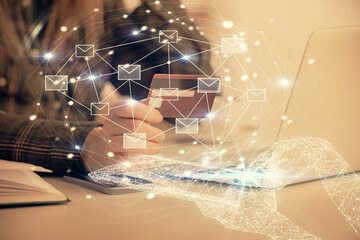 Aufkleber - Multi exposure of woman on-line shopping holding a credit card and envelop drawing. e-commerce concept.