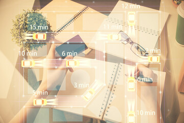Poster - Multi exposure of woman on-line shopping holding a credit card and taxi drawing. Technology concept.