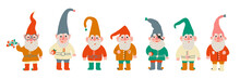 Set Of Little Garden Gnomes With Beard. Collection Of Cute Elfs Holidays Gnomes With Hats. Flat Cartoon Vector Illustration. Drawing For Children.