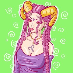 Conceptual art of an aries woman with horns and braided hair. Portrait of a horoscope sign with a purple sleeveless top and a crystal on her forehead.