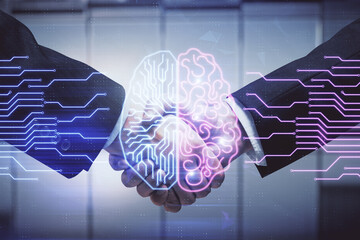 Double exposure of brain hologram and handshake of two men. Partnership in IT industry concept.