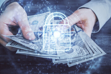 Aufkleber - Double exposure of lock drawing hologram and us dollars bills and man hands. Security concept