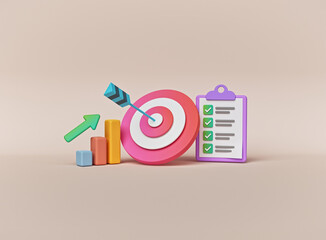 Aufkleber - Business achievement and strategy concept. Arrow hit the center of target, completed checklist on clipboard. minimal objects isolated. 3d rendering
