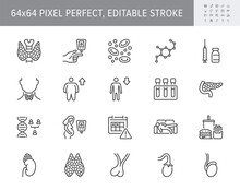 Endocrinology Line Icons. Vector Illustration Include Icon - Thyroid Gland, Insulin, Syringe, Adrenal, Glucometer, Hypodynamia Outline Pictogram For Diabetes. 64x64 Pixel Perfect, Editable Stroke