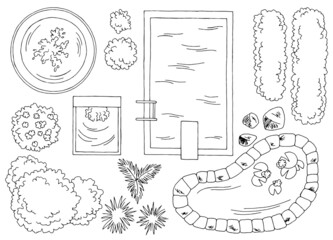 Fototapete - Landscape architect design element set graphic black white top sketch aerial view illustration vector 