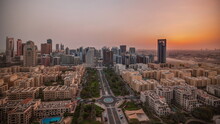 Sunrise Over Skyscrapers In Barsha Heights District And Low Rise Buildings In Greens District Aerial Timelapse.