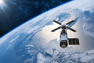 Wall Mural - Cargo space craft Earth planet.Dark background. Sci-fi wallpaper.Space Station Orbiting Earth.Space ship.Space art wallpaper.Solar Observatory.Elements of this image furnished by NASA.3D illustration