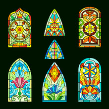 Stained Glass Windows. Church Cathedral Decorative Transparent Colored Windows Frame With Piece Glasses Beautiful Medieval Sacramental Architectural