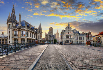 Wall Mural - Belgium historic city Ghent at sunset