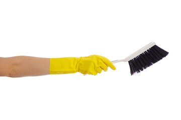 Wall Mural - housekeeping concept - hand in yellow rubber glove holding plastic brush isolated on white