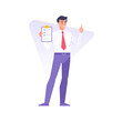 © provectors - Smiling business man in red tie holding clipboard to list with checkmark pointing forefinger vector