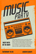 Music party. Poster template with retro style boombox. Design element for banner, sign, flyer. Vector illustration