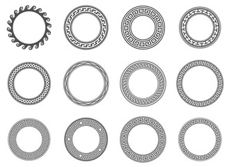 Poster - Circle greek frames. Round meander borders. Decoration elements patterns. Vector illustration isolated on white background.
