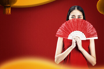 Poster - Asian Chinese woman in a cheongsam dress holding fan celebrates Chinese New Year