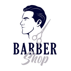 Wall Mural - Silhouette of a man's face in profile and scissors icon. Logo for a barbershop.