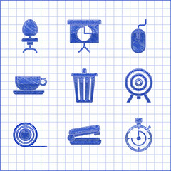 Sticker - Set Trash can, Office stapler, Briefcase, Target, Scotch, Coffee cup flat, Computer mouse and chair icon. Vector