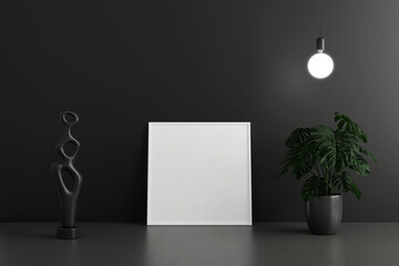 Wall Mural - Minimalist and clean square white poster or photo frame mockup on the floor leaning against the dark room wall with pots and decoration