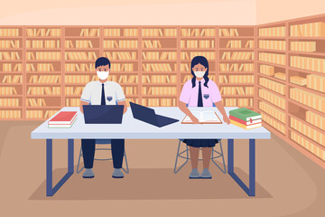 Poster - Students in library flat color vector illustration. Boy and girl learning for lessons. Pupils in school uniforms studying after classes 2D cartoon characters with bookcases row on background