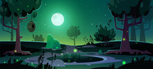 Pond Tree Lake Night Landscape Moon Vector Water Nature Scene Hive Bee Forest Beehive Park Jungle Honey Garden House Cartoon Grass Background Swamp River Swarm Honeycomb Old Moonlight Woods Game  