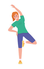 Poster - Happy girl stretching semi flat color vector character. Dynamic figure. Full body person on white. Sports class isolated modern cartoon style illustration for graphic design and animation