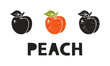 Peach, silhouette icons set with lettering. Imitation of stamp, print with scuffs. Simple black shape and color vector illustration. Hand drawn isolated elements on white background