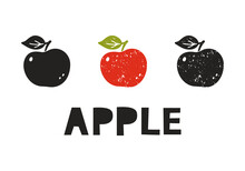 Apple, Silhouette Icons Set With Lettering. Imitation Of Stamp, Print With Scuffs. Simple Black Shape And Color Vector Illustration. Hand Drawn Isolated Elements On White Background