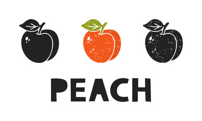Fototapete - Peach, silhouette icons set with lettering. Imitation of stamp, print with scuffs. Simple black shape and color vector illustration. Hand drawn isolated elements on white background