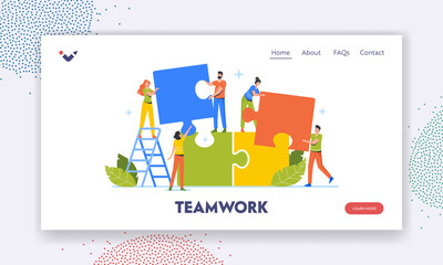 Wall Mural - Businesspeople Teamwork Landing Page Template. Office Employees Group Set Up Huge Colorful Separated Puzzle Pieces